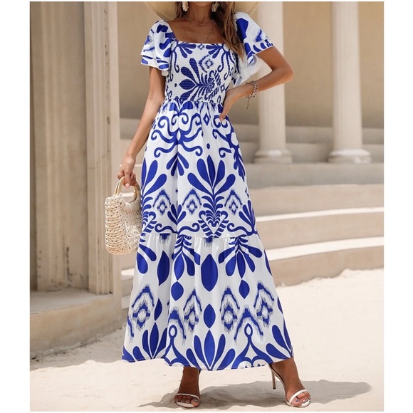 Boho Floral Print Shirred Butterfly Sleeve Dress - Picture 2 of 3